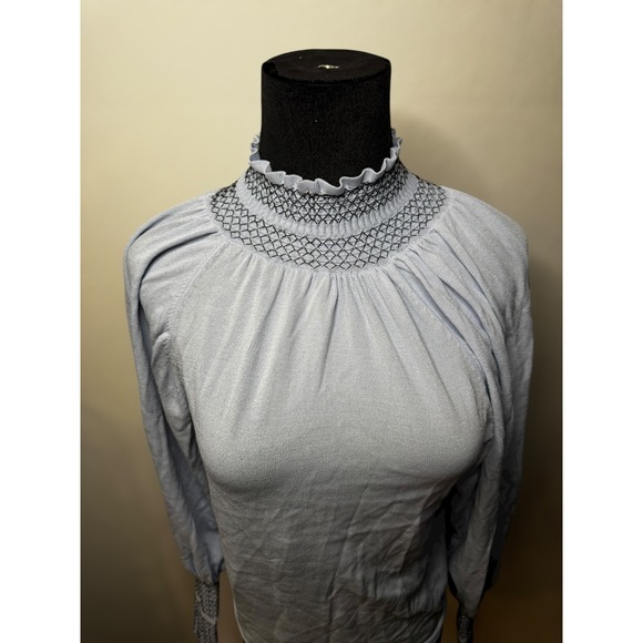 Zara Light Blue High Neck Balloon Sleeve Knit Top Womens Smocked Pullover size S - Picture 2 of 10